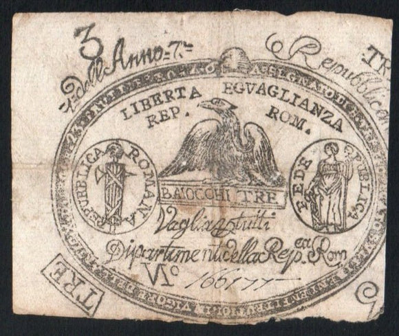 Italian States Republica ROMANA 3 Bajocchi 1798, P - S531 AA115 - ArabellaBanknotes.com