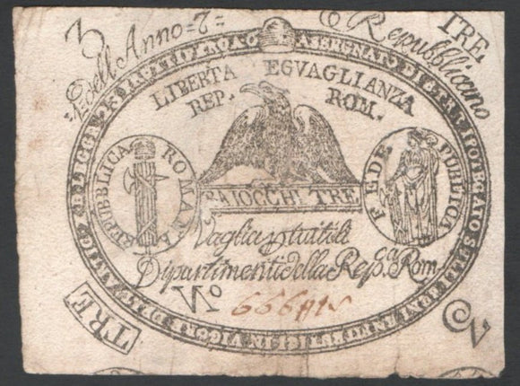 Italian States Republica ROMANA 3 Paoli Anno 7 (1798), P - S531 AA116 - ArabellaBanknotes.com