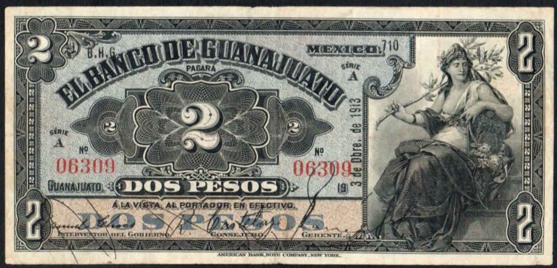 Mexico 2 Pesos 1913 Banco de GUANAJUATO M-349a, ME028 –  ArabellaBanknotes.com