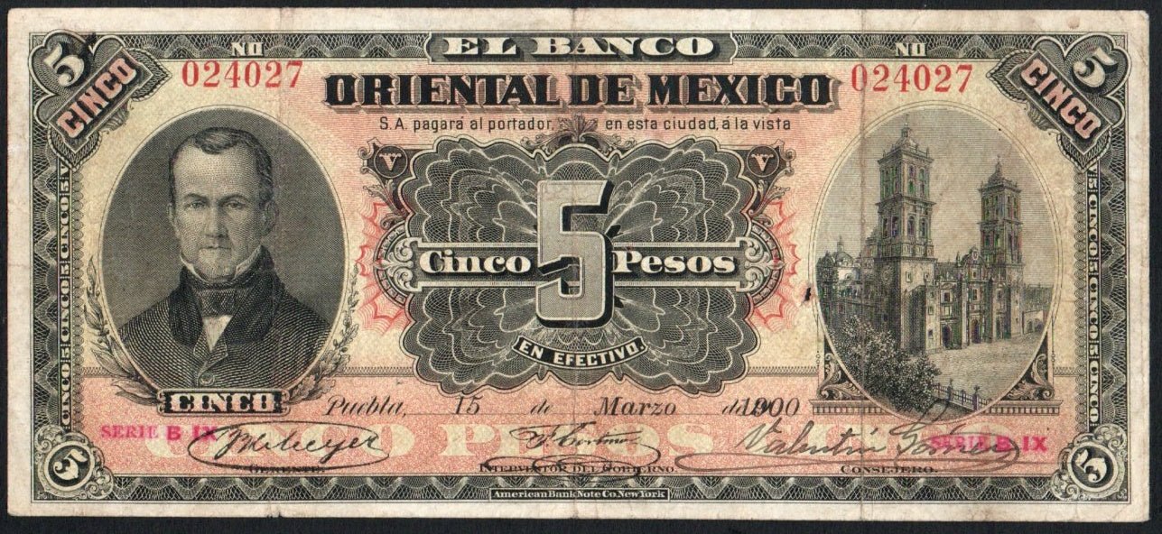 Mexico 5 Pesos 1900 El Banco Oriental M-460a /027 – ArabellaBanknotes.com